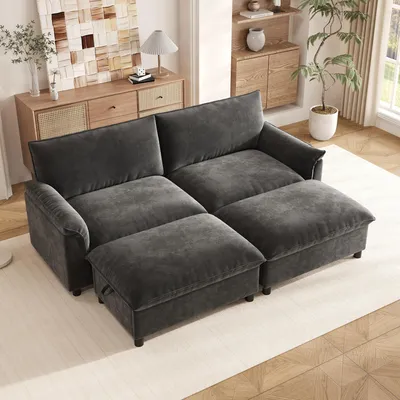 Produktbild von MODFU Sofa Wohnlandschaft 2-Sitzer Loungesofa mit 2 Beweglichem Fußhocker Schlafmöglichkeit mit Stauraum Wohnzimmer Chenille Grau