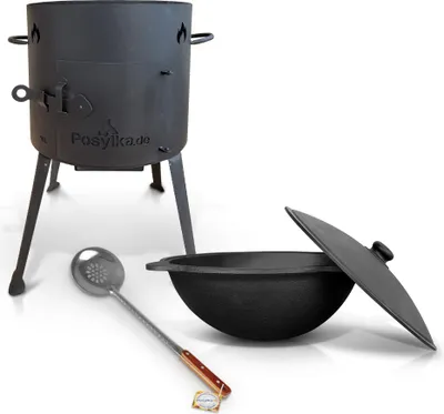 Produktbild von Gusseisen Kessel Kazan 10 L Deckel Utschak Uchag Feuerofen Ø 36 cm Schaumlöffel 48 cm