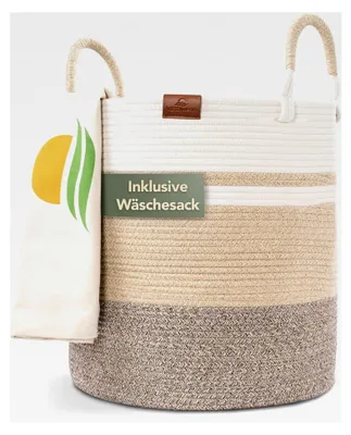 Produktbild von Korb EMILIA Ø46xH48 cm Hellbraun/Weiß/80L, geflochtener Wäschekorb aus Baumwolle, Wäschesammler, großer Aufbewahrungskorb, faltbarer Wäschekorb, Wäschetonne