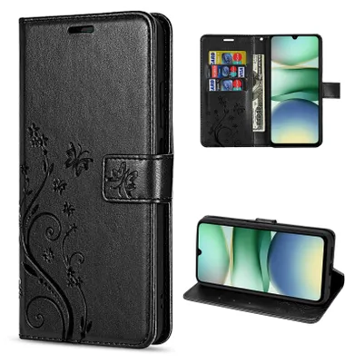 A collage of images showing a black leather flip phone case with a floral design, a phone inside the case, and the case in a stand position.