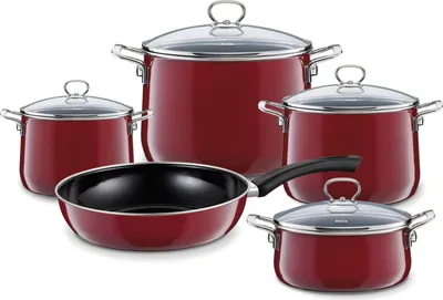 A set of red cookware with glass lids and silver handles, including pots and a frying pan, arranged on a white background.