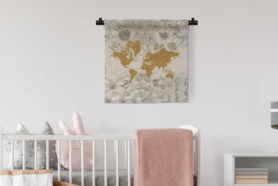 Produktbild von MuchoWow® Wandteppich Wandbehang Weltkarte - Blume - Gold 60x60 cm Tapisserie Dekoration Wandtuch - Dekorationen - Wand Decke