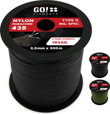 Produktbild von GO!elements 300m Paracord Seil aus reißfestem Nylon - 3mm Paracord 425 Typ II max. 192kg - Schnüre als Outdoor Seil, Allzweckseil, Survival Seil, Armband, Hundeleine, Nylonschnur, Farbe: Schwarz