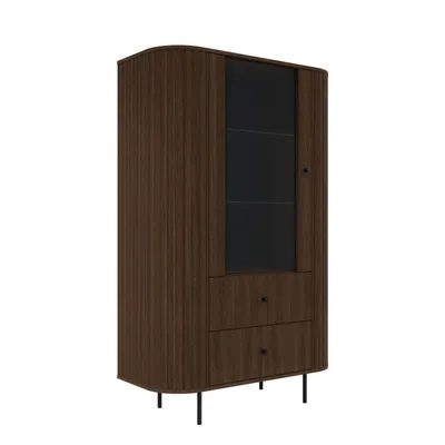 Produktbild von Vitrine OVARO I 155 cm mit 2 Türen und 3 offenen Fächern – Moderne Standvitrine für Wohnzimmer und Esszimmer – Eiche Dunin