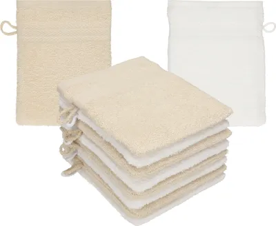Produktbild von Betz 10 Stück Waschhandschuhe 16x21 cm PREMIUM 100% Baumwolle  Farbe: sand - weiß
