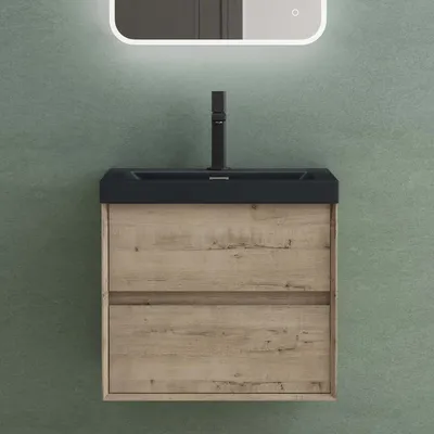 Produktbild von Mai & Mai Badmöbelset Badezimmermöbel Waschbeckenunterschrank 2 Schubladen mit Soft-Close inkl. Anthrazit Waschbecken Eiche Greige 60 cm Rimo