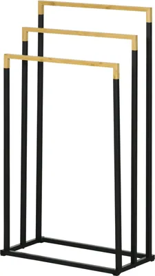 Produktbild von Handtuchständer 3 Stangen Stahl Bambus Badetuchhalter Schwarz
