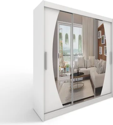 Produktbild von Easy Furniture A5 Schiebetüren Kleiderschrank 250 x 215 x 58 cm mit Spiegel - Schlafzimmermöbel, Aufbewahrung - Mehrzweckschrank - Farbe: Weiß - 3 Schiebetüren