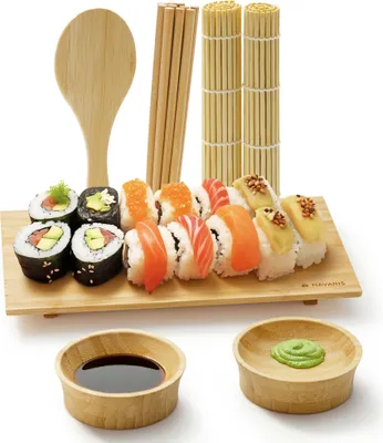 Produktbild von Navaris Sushi Maker Set für Einsteiger - Sushi Set zum selber machen - Authentischer Sushi-Genuss zu Hause - 16-teiliges Sushi Geschirr - Bambus
