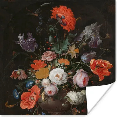 Produktbild von MuchoWow® Poster Stilleben mit Blumen und einer Uhr - Gemälde von Abraham Mignon 50x50 cm - Wohnzimmerdekoration