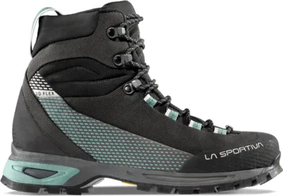 Schwarz-grüne Bergschuhe für Damen; Modell "Trango Trk Woman GTX" von La Sportiva; mit hohem Schaft und griffiger Sohle.