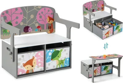 A collage of images showing a children's 3-in-1 table and chair set with storage bins, demonstrating its different configurations.