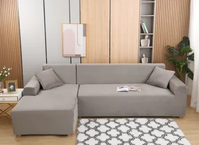 Produktbild von Velvet Plüsch Schonbezug Sofa, rutschfeste Stretch Sofabezug Schonbezug Soft Thick Sofa Protector Für L-förmige Schnittcouch (Hellgrau, 3 Sitz + 3 Sitz)