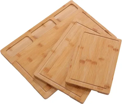 Image de Ensemble de planches à découper en bambou - Set de planches de cuisine - Pour la préparation des repas - Avec rainure pour recueillir les jus - 3 tailles différentes - En bambou naturel