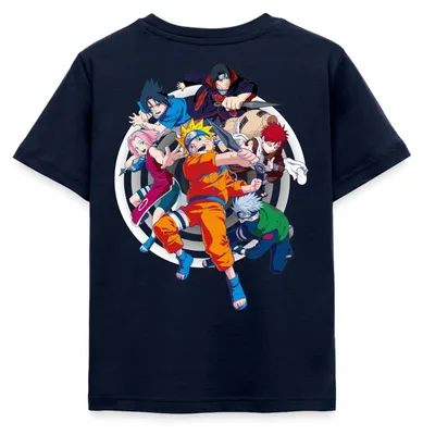 Produktbild von Spreadshirt Naruto Brustlogo Und Charaktere Um Naruto Kinder T-Shirt, 98/104 (3-4 Jahre), Navy