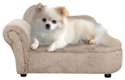 Immagine prodotto di Sunvello Divano per Cani Rialzato con Spazio Portaoggetti a Scomparsa, Divano Imbottito in Legno e Tessuto Vellutato, 80x40x46 cm, Beige