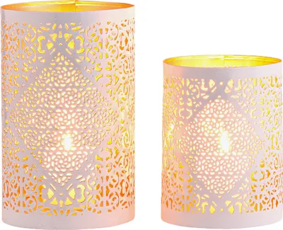 Produktbild von Marrakesch 2er Set Boho Deko Teelichthalter Windlicht 20cm groß weiß gold | Kerzenhalter Kerzenständer Yazim als Aesthetic Deko für Wohnzimmer | Orientalische Windlichter als Balkondeko