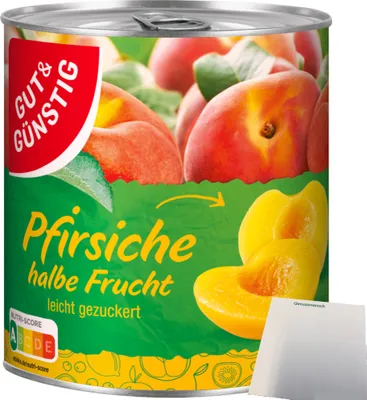 Produktbild von Gut & Günstig Pfirsiche halbe Frucht erntefrisch verarbeitet (820g Dose) + usy Block