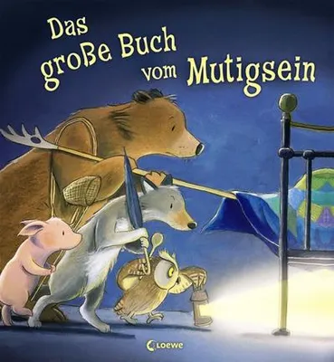 A group of animals (bear, fox, owl, pig) are walking towards a bed in the dark, carrying a lantern and a stick with a net. The title of the book is displayed above them.