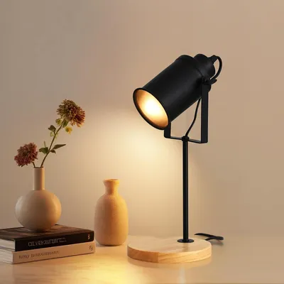Obrázek produktu pro Průmyslová stolní lampa s dřevěnou základnou, moderní černá stolní lampa s paticí E27 a nastavitelným stínidlem