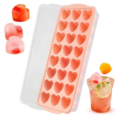 Herz-Eiswürfelform aus Silikon, 24 Fächer, mit Deckel, rosa