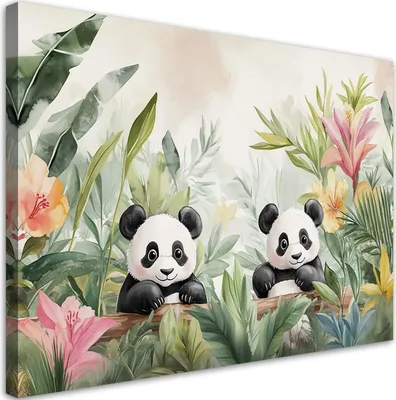 Produktbild von Leinwandbild für Kinderzimmer Pandas in Blumen Pflanzen 100x70 Feeby Grün bild für die wand bereit zum aufhängen