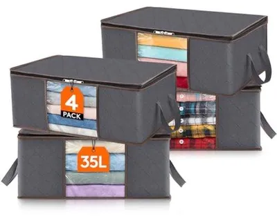 Produktbild von Set aus 4 faltenfähige Kleidungslagerschalen - 35 Liter - Mit Sichtfenster und robusten Handgriffen