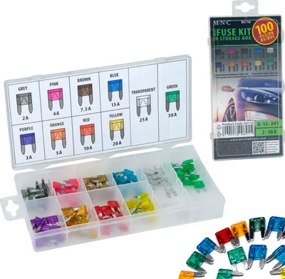 Produktbild von MNC – Premium-Sicherungen – Kfz-Sicherungen mit Entferner-Werkzeug – 100 Stück – 6 V/12 V/24 V – 3, 5, 7,5, 10, 15, 20, 25, 30 A Ampere – 11 x 9 mm