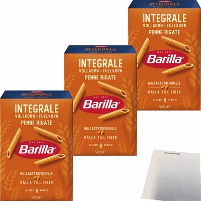 Produktbild von Barilla Integrali Pennette Rigate 3er Pack (3x500g Packung) + usy Block