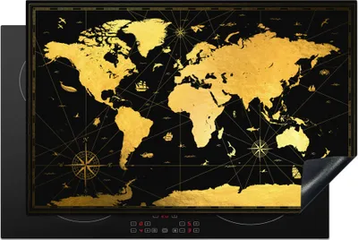 Produktbild von KitchenYeah© Herdabdeckplatte Weltkarte - Gold - Schwarz - Luxus , 80x52cm, Küche Deko, Glaskeramikkochfeld Herdabdeckung, Abdeckplatte fùr Kochfeld