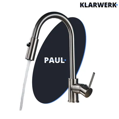 Produktbild von KLARWERK® Paul | ausziehbare Niederdruck Armatur Silber gebürstet | Edelstahl Wasserhahn Küche | U-Auslauf Mischer 360° drehbar | Boiler 3 Anschlüsse