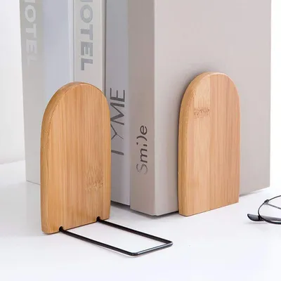 Produktbild von Moderner Bücherständer aus Bambus, 15x11 cm - 2er-Set Buchstützen aus Holz und Metall, stabiler Organizer für den Schreibtisch