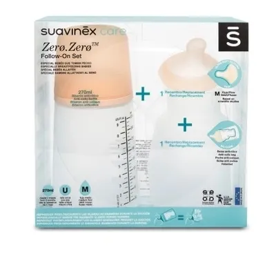 Image de Suavinex, set biberon Zero Zero. Biberon anti-coliques 270 ml avec tétine à débit moyen + tétine à débit moyen + sachet de recharge