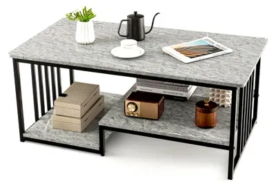Produktbild von Couchtisch mit 2 Ablagen, Beistelltisch in Marmoroptik und Metallgestell, 110 x 60 x 45 cm, Grau