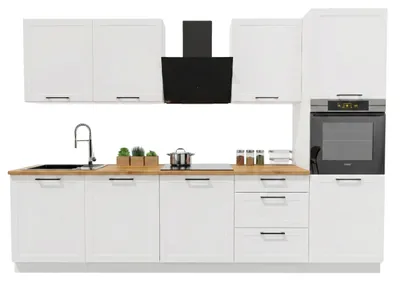 Productafbeelding van Keukenwand 300 cm - met bruin aanrechtblad - Wit, mat - met hangkasten en onderkasten - met soft-close sluiting - ADELE