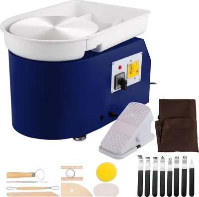 Immagine prodotto di Tornio per Vetroceramica da 11 pollici 0-300 giri/min, macchina modellatrice con velocità regolabile da 350 W con strumenti per scolpire e grembiule, pedale di comando staccabile per lavori artistici e fai da te domestici, colore blu