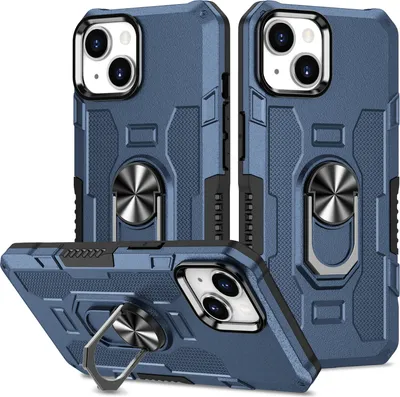 Produktbild von iPhone 14 Hülle, Dual Layer Robuste Rüstung Ringhalter Ständer Schutzhülle für iPhone 14 Blau