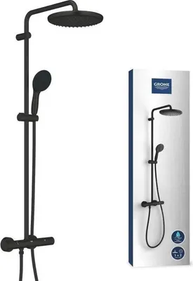 Produktbild von Thermostatische Duschsäule GROHE Vitalio Start System 250, Mattschwarz, Wassersparend, 25cm Kopfbrause, 2 Strahlarten Handbrause, 1.75m Schlauch