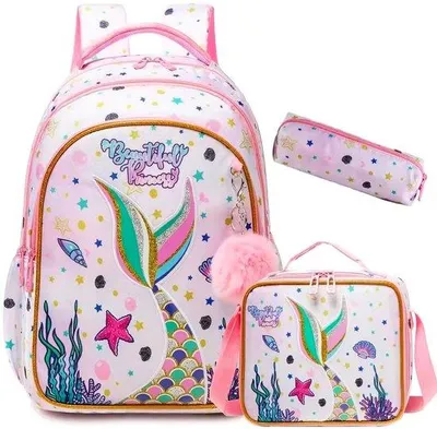 Produktbild von Ultiluxe Meerjungfrau Rucksack Set - 3-teilig - Schulranzen für Mädchen - Glitzer - 42 x 30 x 20 cm - Schultasche mit Pompom - Rosa/Gold