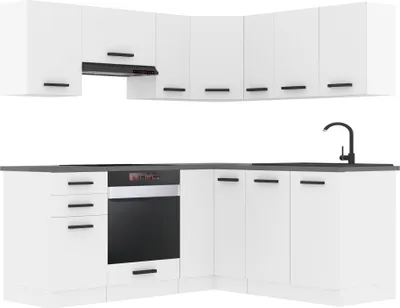 Produktbild von Belini Küchenzeile Küchenblock Küche L-Form SARAH Küchenmöbel mit Griffe, Einbauküche ohne Elektrogeräten mit Hängeschränke und Unterschränke, ohne Arbeitsplatten, Weiß matt