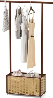Image de Portant à vêtements en bambou avec panier en rotin et roulettes, marron