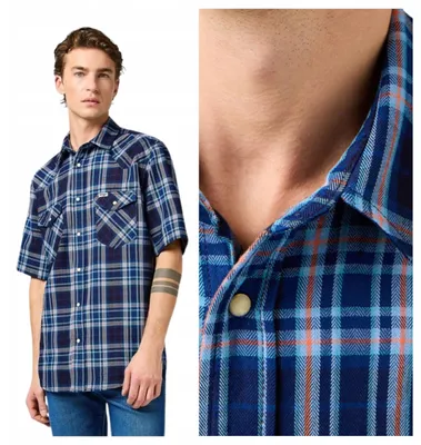 Immagine prodotto di Wrangler | Camicia Western a maniche corte da uomo, colore blu, in cotone, vestibilità regular, taglia M