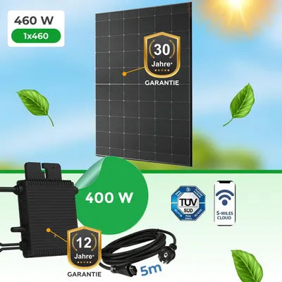Produktbild von Balkonkraftwerk 460Watt mit HM 400W Hoymiles Wechselrichter, (bifazial, Glas-Glas, Full Black) 460W Modul