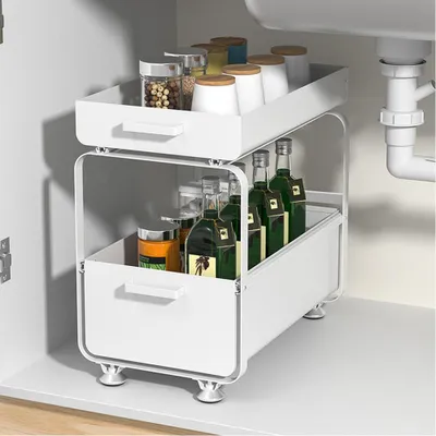 Produktbild von 1er Set Küchenregal Schiebeschrank Korb Küchen Unterschrankregal Unter Waschbecken Regal Gewürzregal für Badezimmer Küchen Arbeitsplatte Weiß