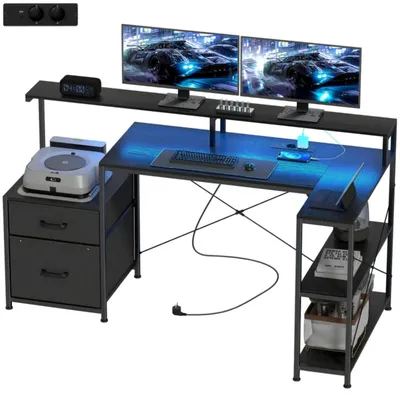 Produktbild von Gaming Tisch L-förmiger Schreibtisch mit LED & Steckdosen, mit Doppelmonitorständer, 165x80x91,5 cm, Schwarze Holzoptik