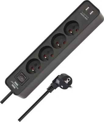 A black power strip with four outlets and two USB ports, along with its black power cord and plug, is shown against a white background.