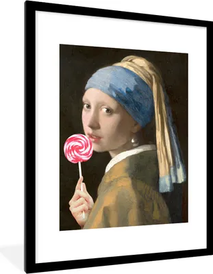 Produktbild von MuchoWow® Gerahmtes Poster Das Mädchen mit dem Perlenohrring - Vermeer - Lollipop 60x80 cm - Poster mit Schwarzem Bilderrahmen Wandposter Rahmen Foto Bilder - Wohnzimmer - Dekorationen - Prämie