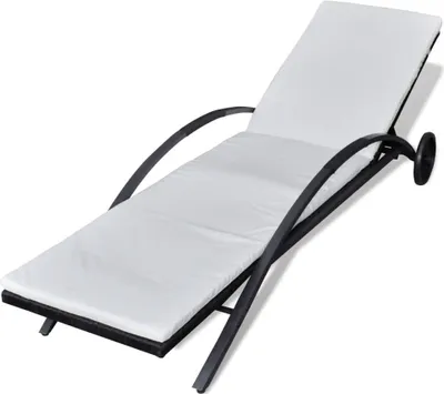A white-padded black metal chaise lounge with wheels, shown against a white background.