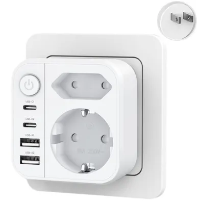 Zdjęcie produktu dla OUFUYU Adapter podróżny 6 w 1 do Japonii, wtyczka typu A z 2 portami USB-A i 2 portami USB-C – biały, standard EU do Japonii