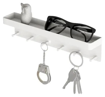 Productafbeelding van Sleutelbord met opbergruimte en 6 haken, witte wandhouder voor sleutels, zelfklevende sleutelhouder voor hal, wandplank-organizer voor entree, woonkamer, hal, kantoor, keuken, badkamer